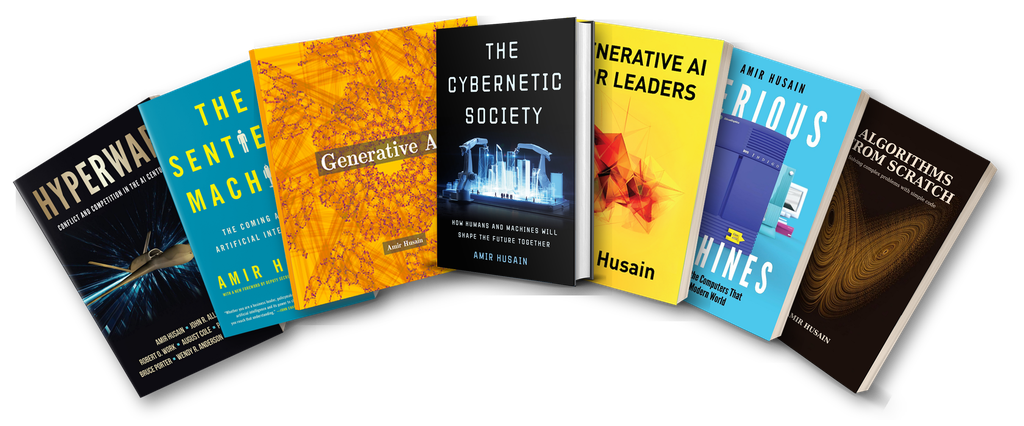 Covers of the seven books by Amir Husain, fanned out