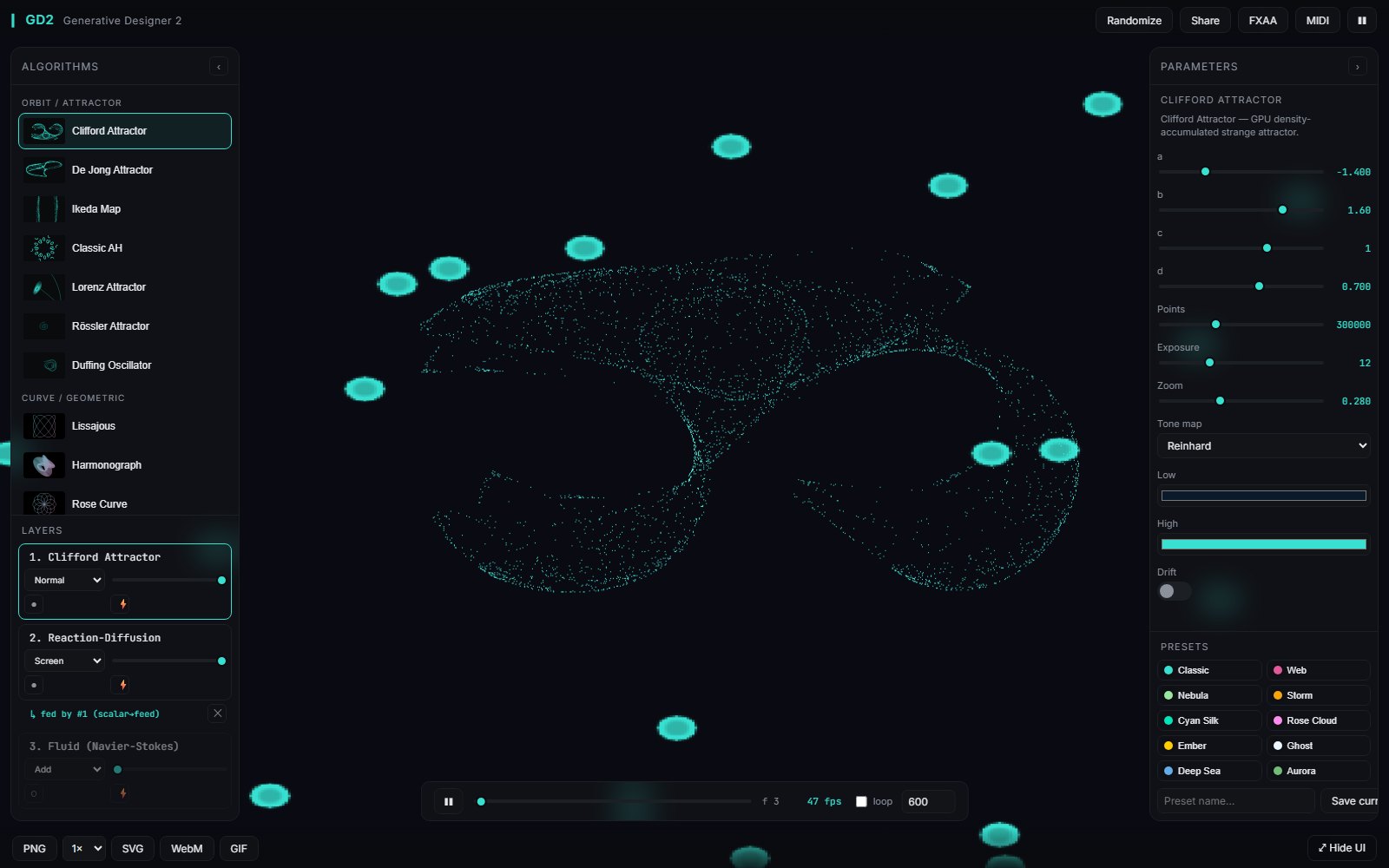 Generative Designer 2: a Clifford attractor layered with reaction-diffusion