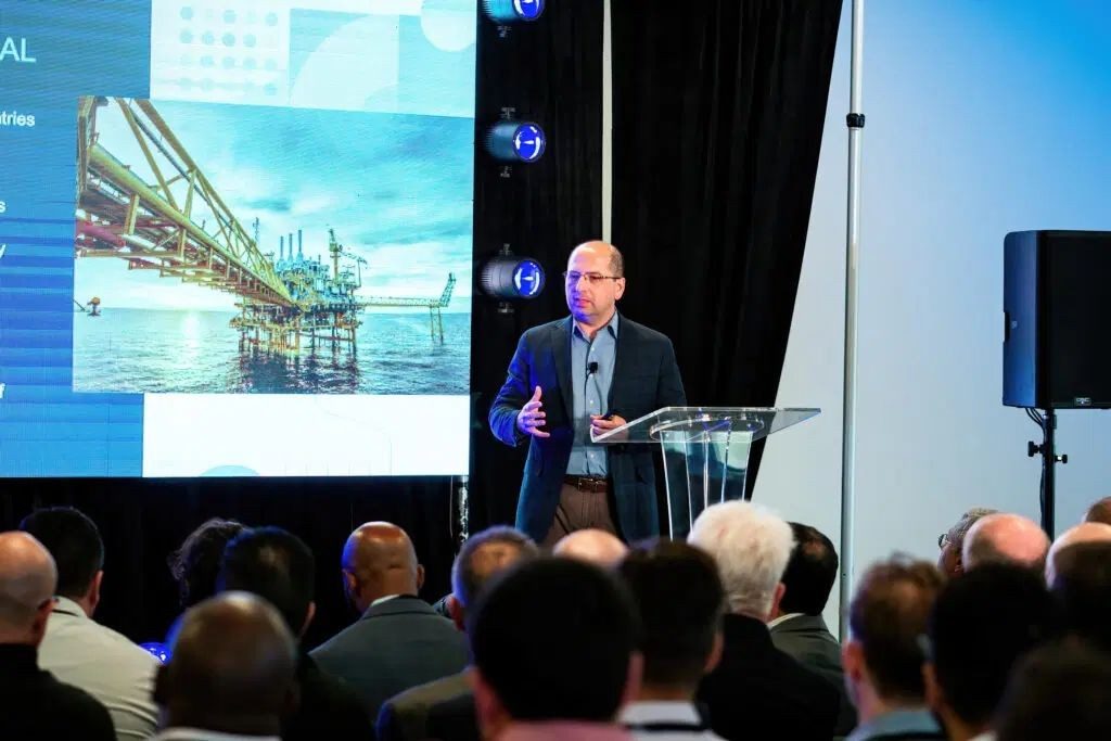 SparkCognition’s Founder and CEO, Amir Husain, welcomes attendees. Amir’s talk focused on adoption of SparkCognition’s products, from managing gigawatts of renewable energy, to optimizing shipments for billions of barrels of oil and providing AI-based vision augmentation for more than 100,000 cameras worldwide.